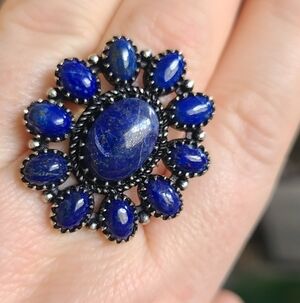 Deep Blue Lapis Cluster Flower Ring In Sterling